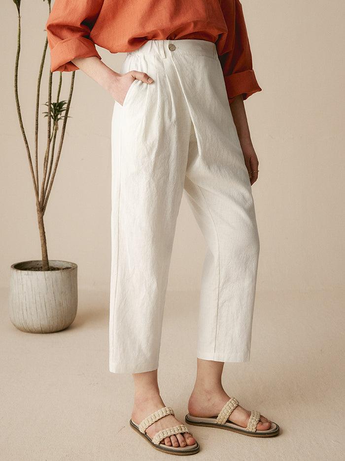 Linen Tailored Cropped Trousers - BOTTOMS-Linen Pants