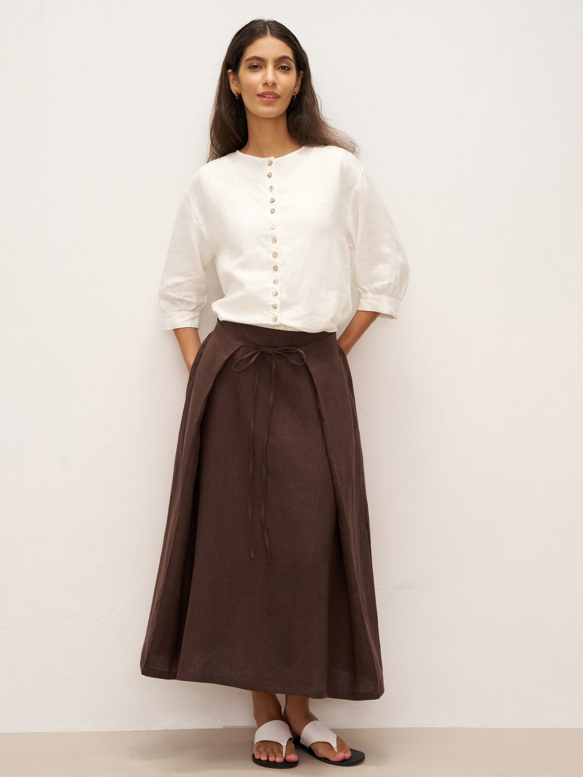 100% Linen Tie-Waist Wrapped A-Line Skirt EMILIE—Two-Way Wear - BOTTOMS-Linen Skirts