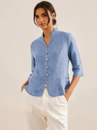 100% Linen Hand Button Fitted Jacket AMELIA - Powder Blue / S - TOPS-Linen Jackets