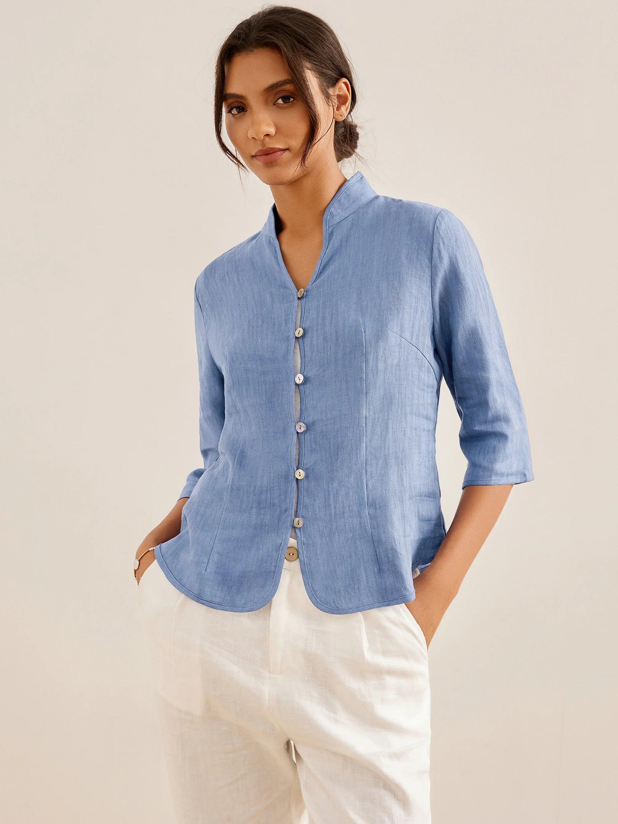 100% Linen Hand Button Fitted Jacket AMELIA - Powder Blue / S - TOPS-Linen Jackets