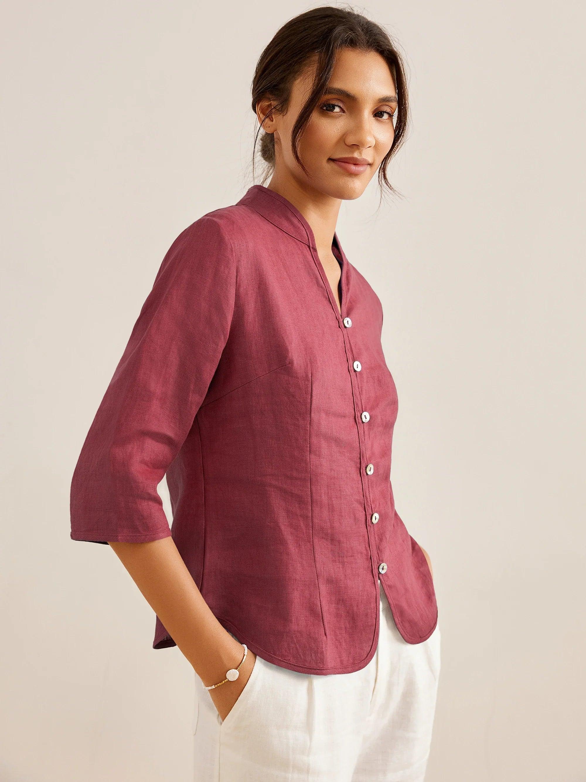 100% Linen Hand Button Fitted Jacket AMELIA - Ancora Red / S - TOPS-Linen Jackets