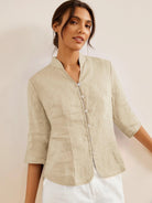 100% Linen Hand Button Fitted Jacket AMELIA - Khaki / S - TOPS-Linen Jackets