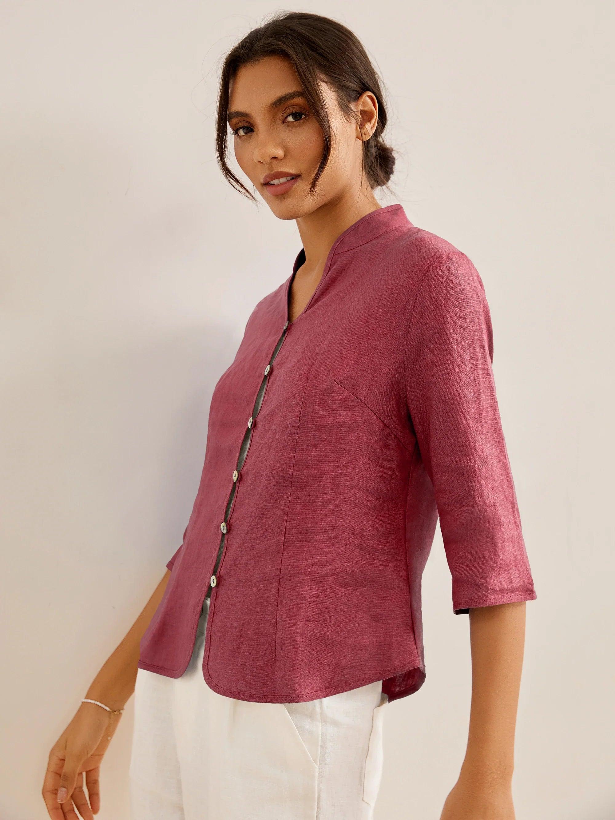 100% Linen Hand Button Fitted Jacket AMELIA - TOPS-Linen Jackets