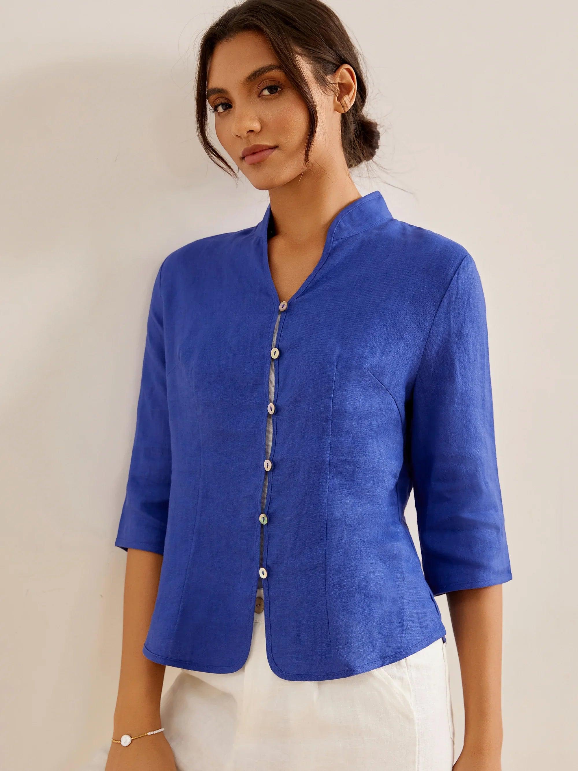 100% Linen Hand Button Fitted Jacket AMELIA - Royal Blue / S - TOPS-Linen Jackets