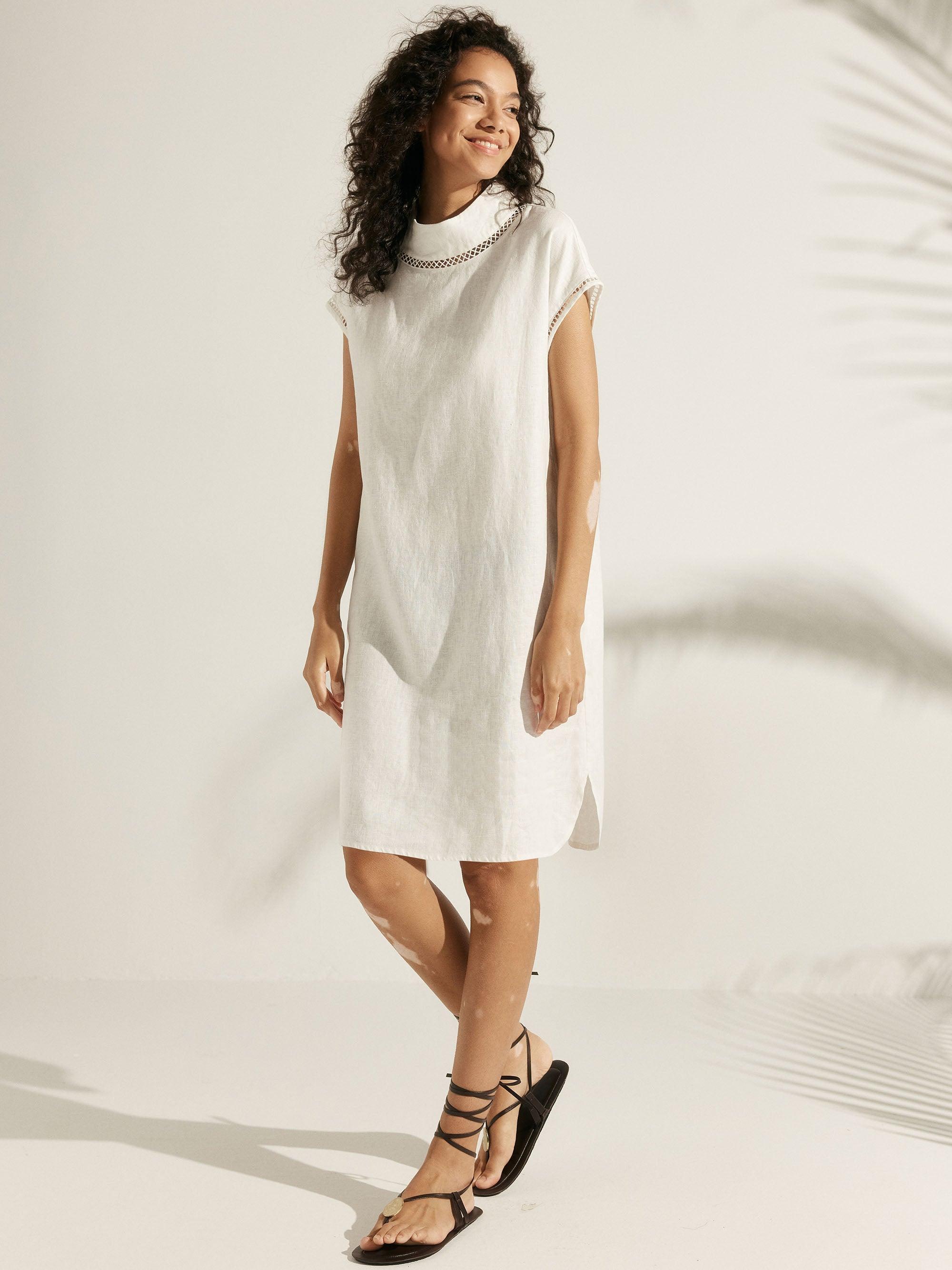 100% Linen Cutout Turtleneck Minidress - DRESSES-Linen Midi