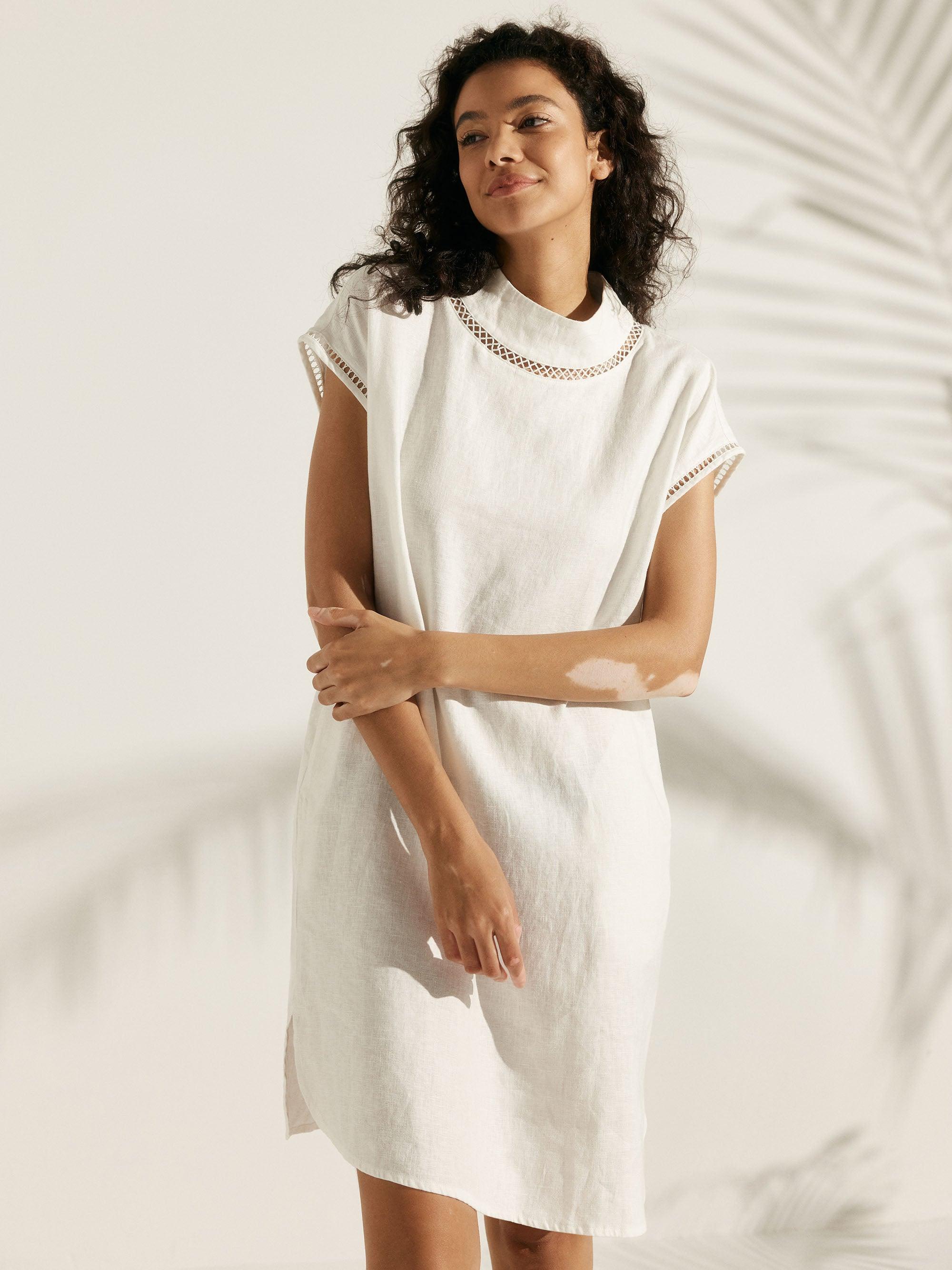 100% Linen Cutout Turtleneck Minidress - Optic White / S - DRESSES-Linen Midi