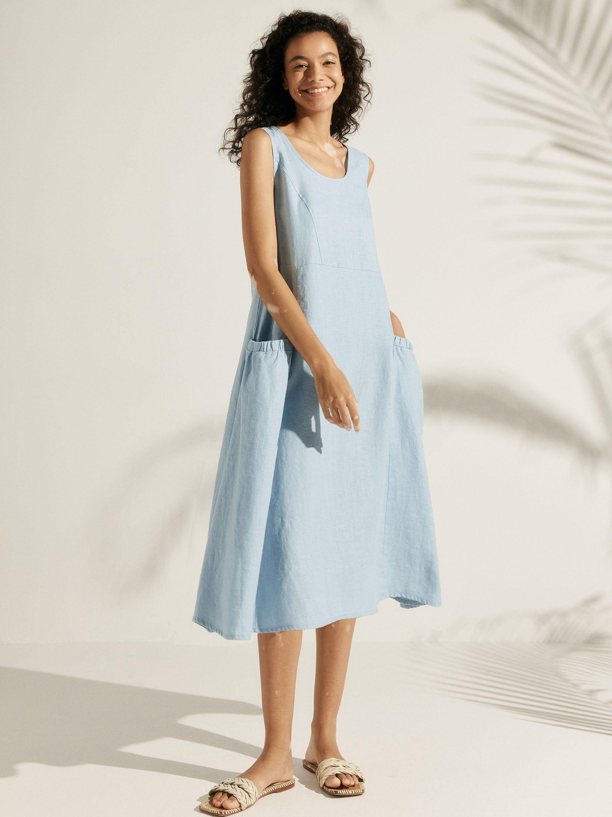 100% Linen Swing Beach Tank Dress GIANA - Powder Blue / XS - DRESSES-Linen Midi