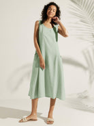 100% Linen Swing Beach Tank Dress GIANA - Tarragon Green / XS - DRESSES-Linen Midi