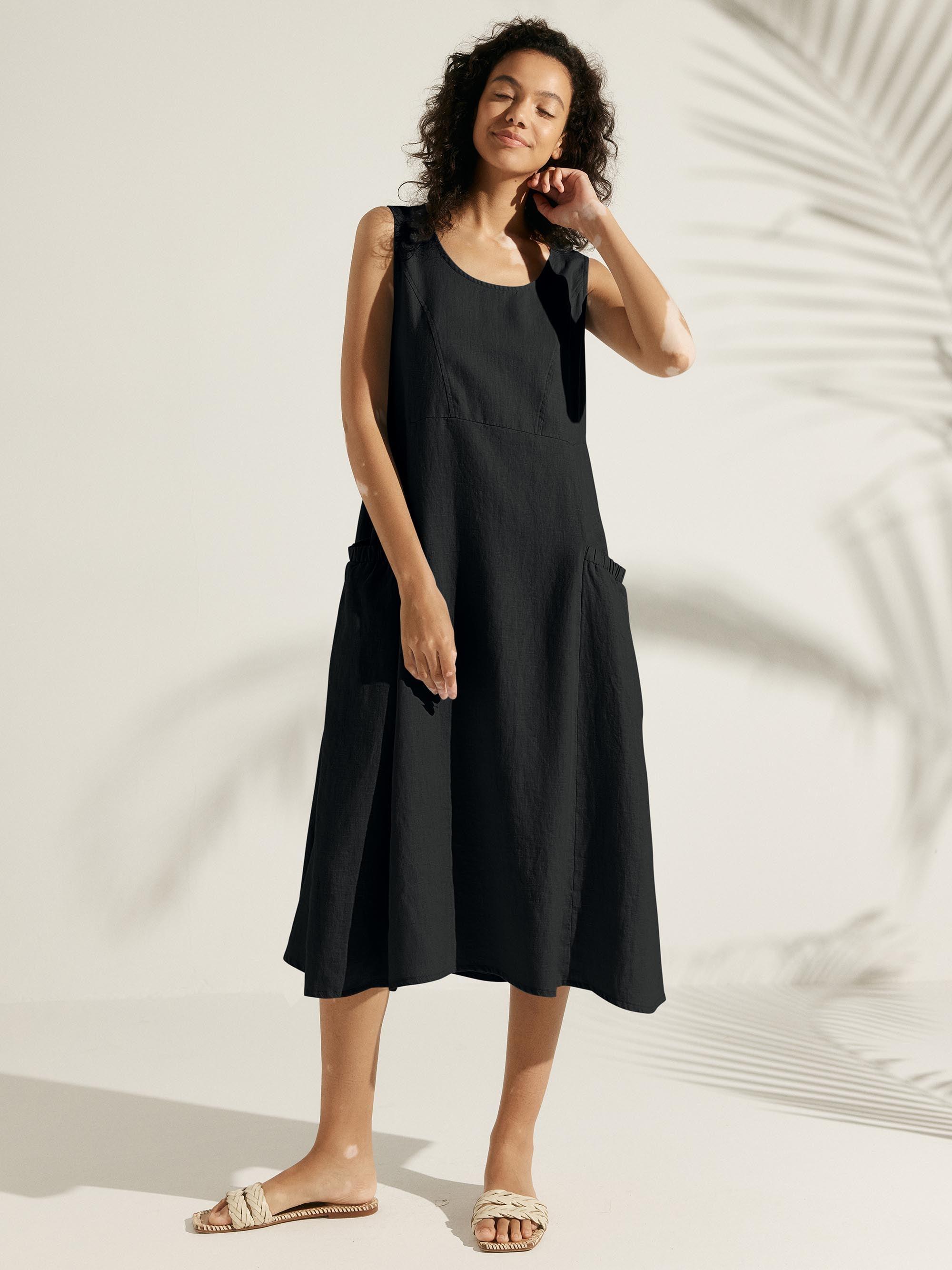 100% Linen Swing Beach Tank Dress GIANA - Charcoal Black / XS - DRESSES-Linen Midi