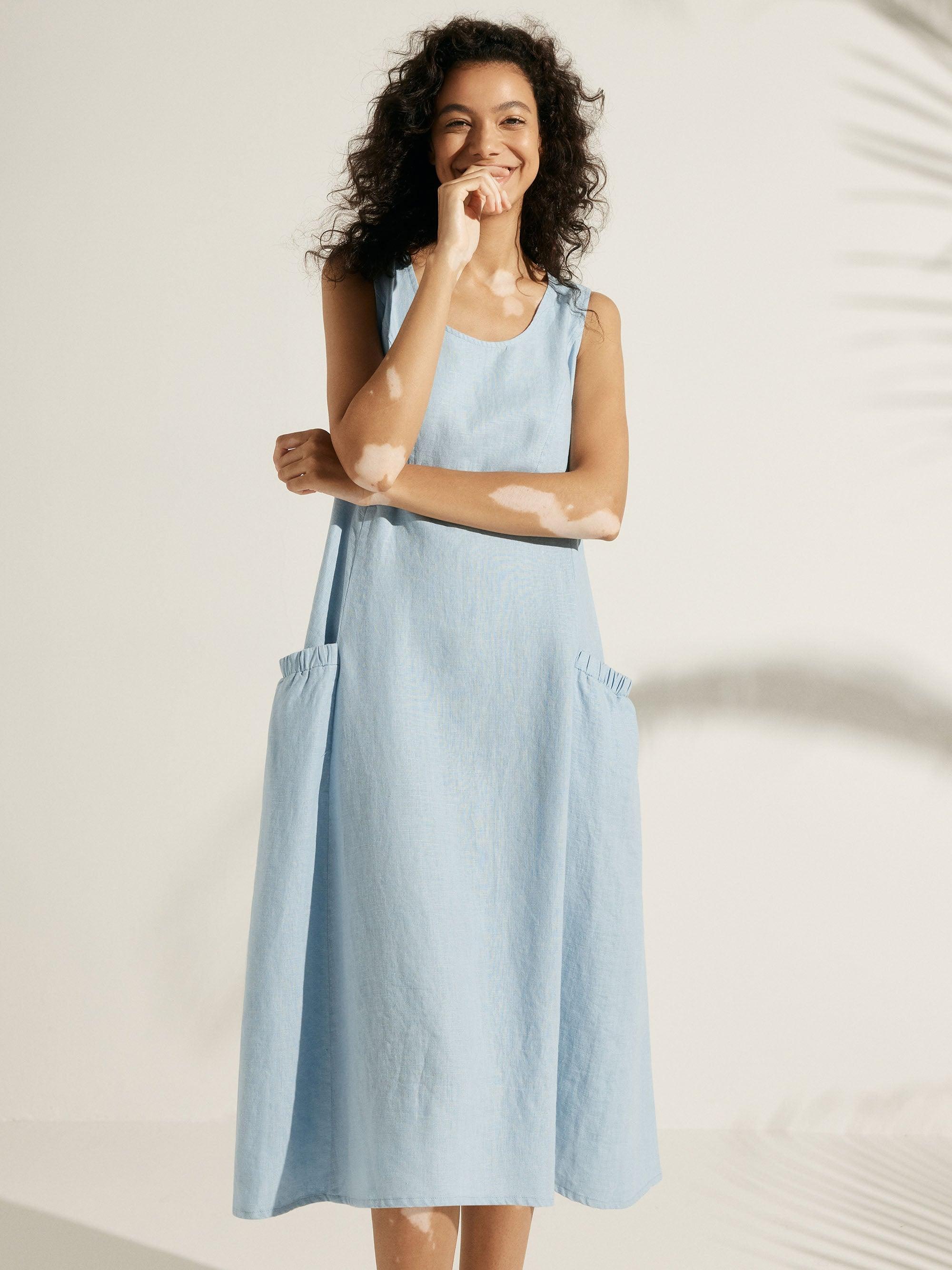 100% Linen Swing Beach Tank Dress GIANA - DRESSES-Linen Midi