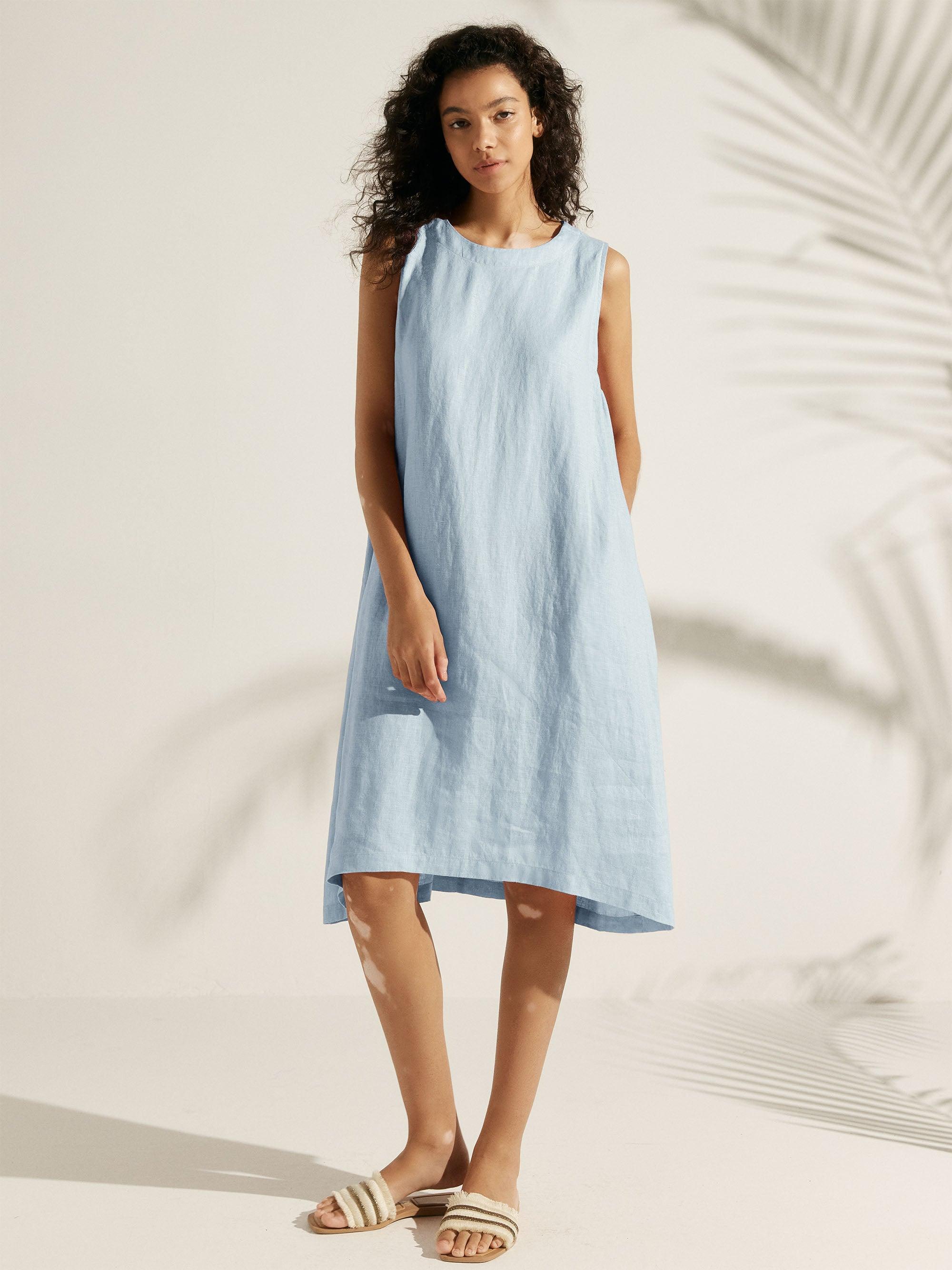 100% Linen Lightweight Sleeveless Dress SIENNA - Ice Blue / S - DRESSES-Linen Midi