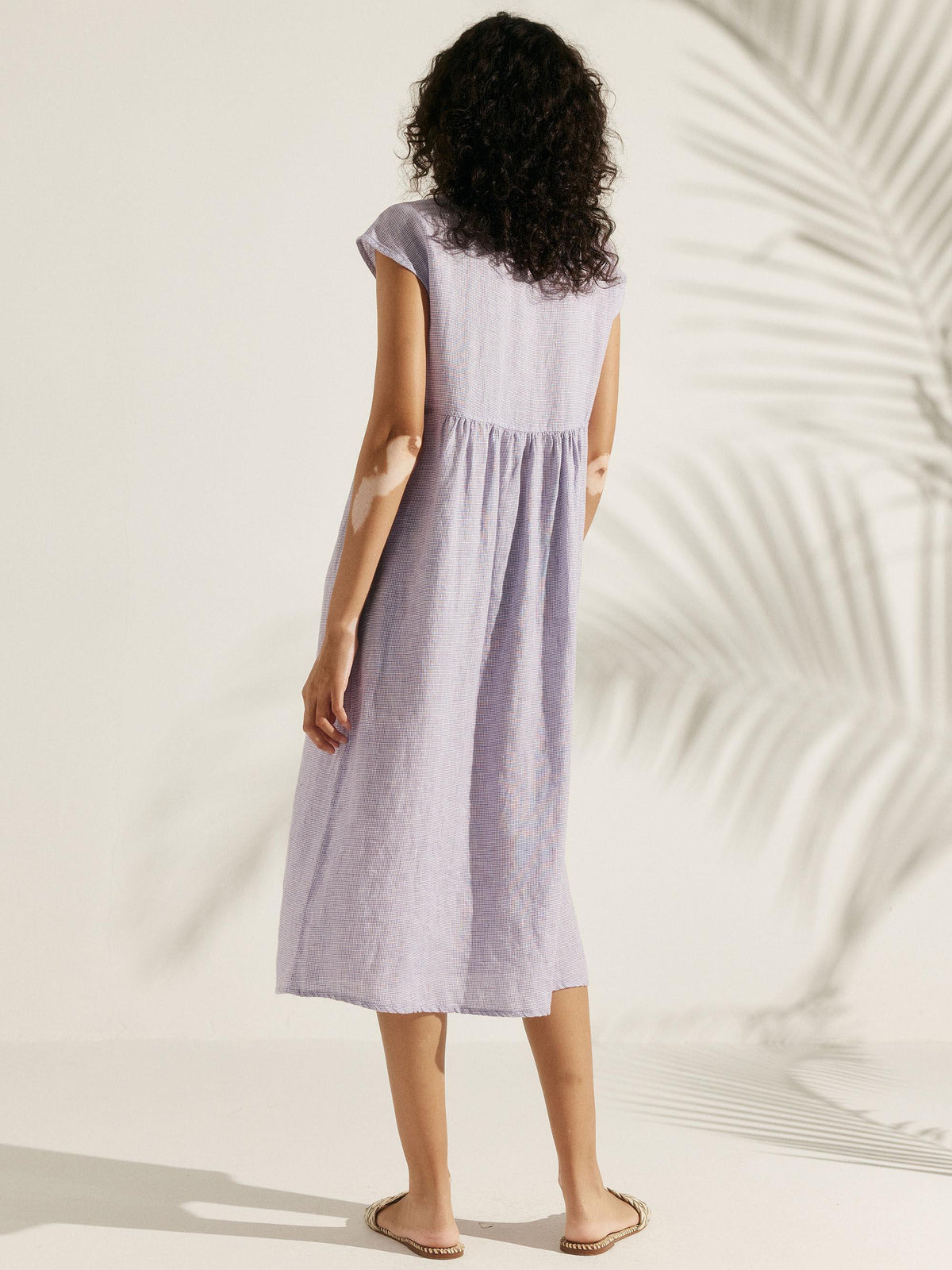 Linen Gingham Checked Cap Sleeve Washed Maxi Dress - DRESSES-Linen