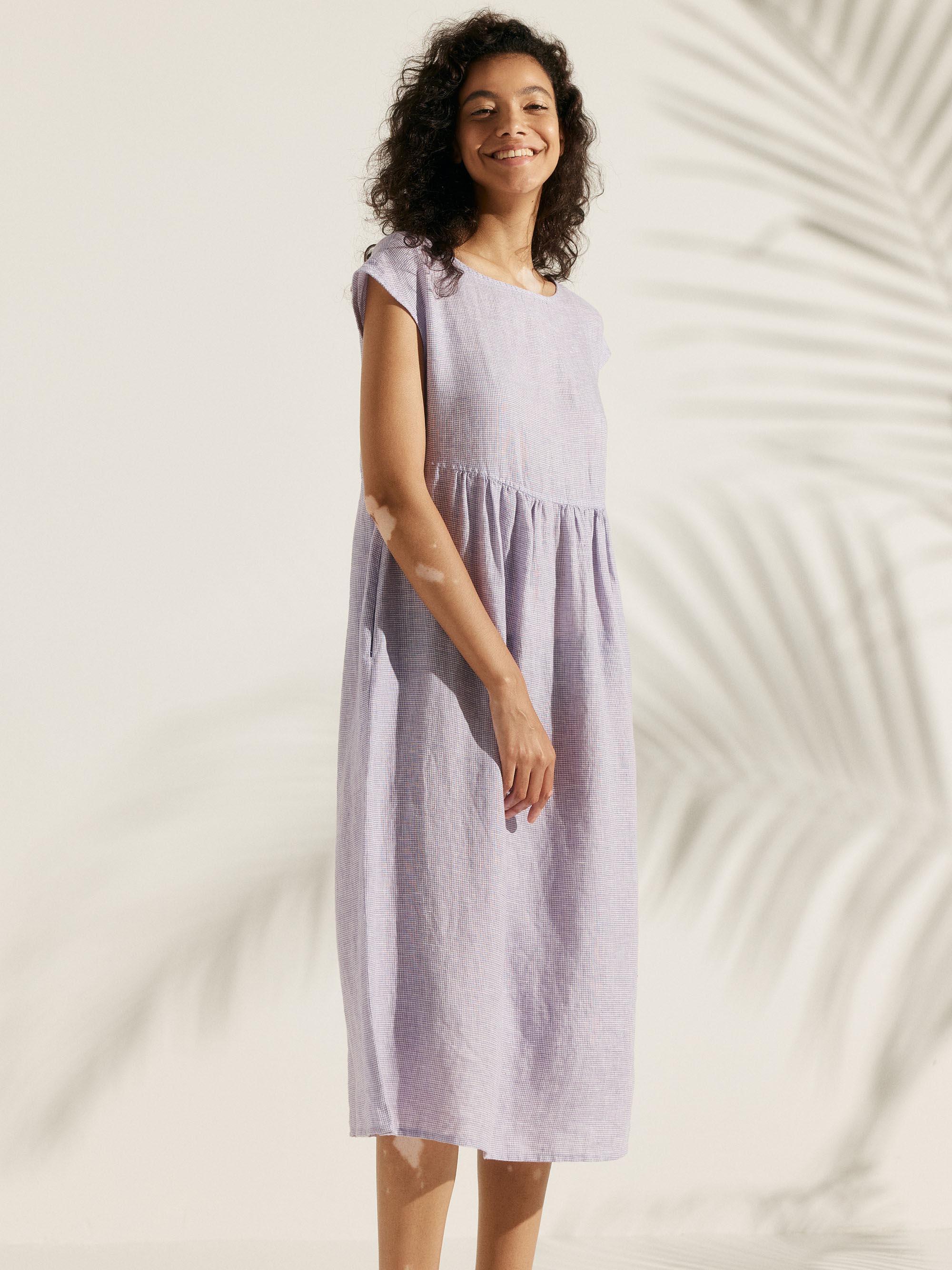 Linen Gingham Checked Cap Sleeve Washed Maxi Dress - DRESSES-Linen