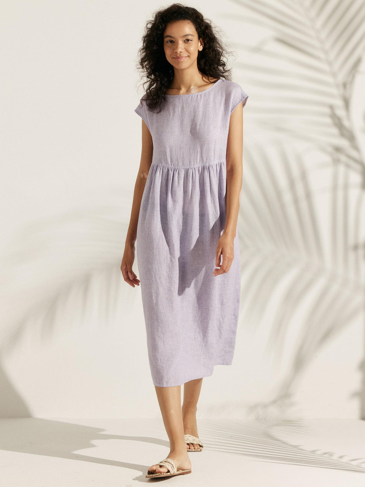 Linen Gingham Checked Cap Sleeve Washed Maxi Dress - Light Lilac / S - DRESSES-Linen