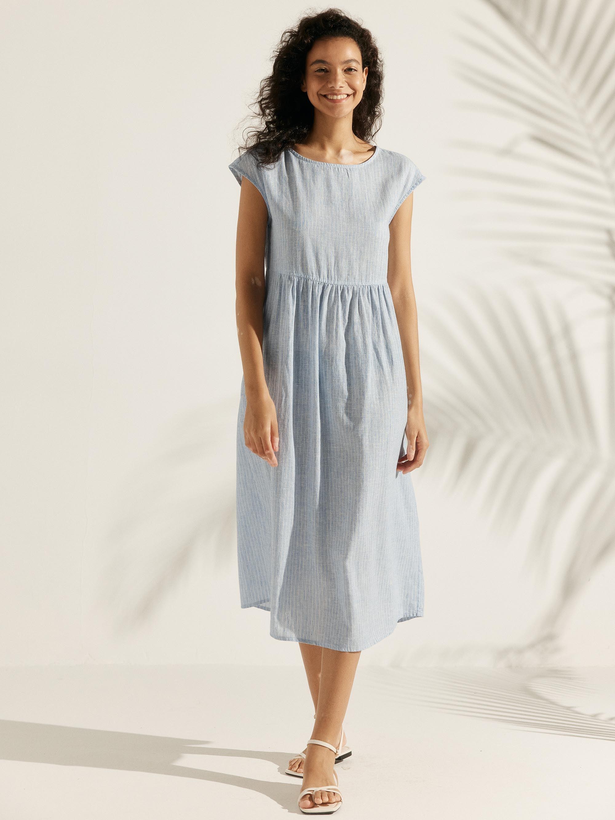 Linen Striped Cap Sleeve Washed Maxi Dress - DRESSES-Linen