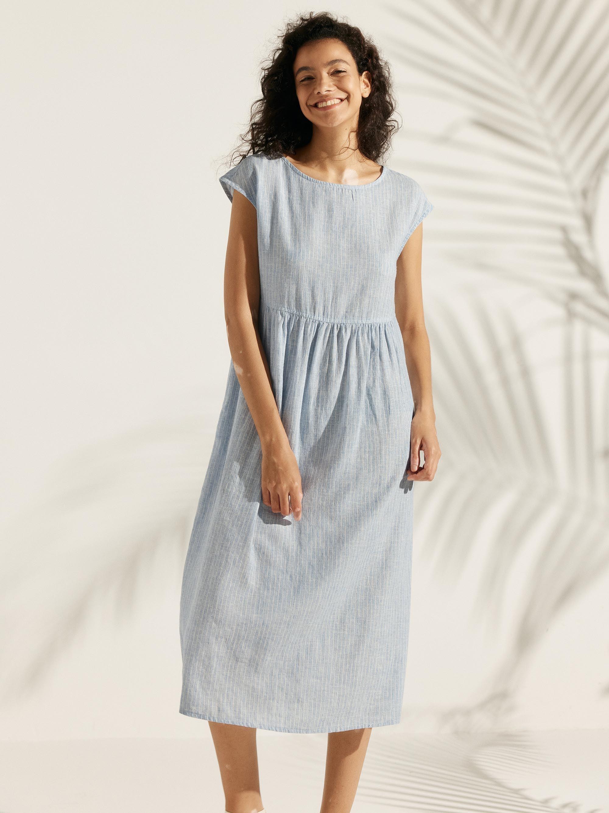 Linen Striped Cap Sleeve Washed Maxi Dress - DRESSES-Linen