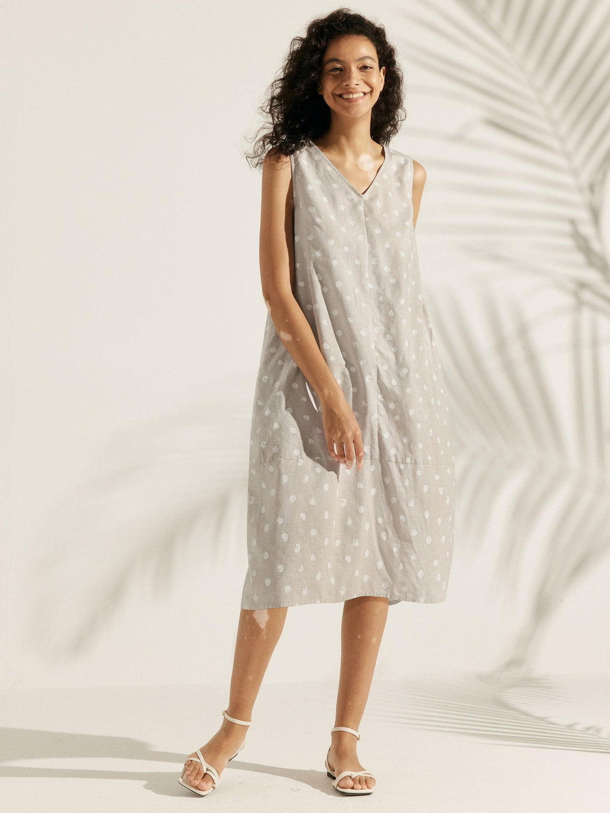 Linen V-Neck Loose Polka Dot Vest Dress - DRESSES-Linen Midi