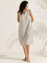 Linen V-Neck Loose Polka Dot Vest Dress - DRESSES-Linen Midi