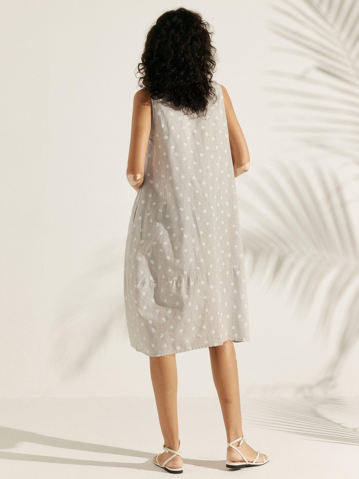 Linen V-Neck Loose Polka Dot Vest Dress - DRESSES-Linen Midi