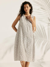 Linen V-Neck Loose Polka Dot Vest Dress - DRESSES-Linen Midi