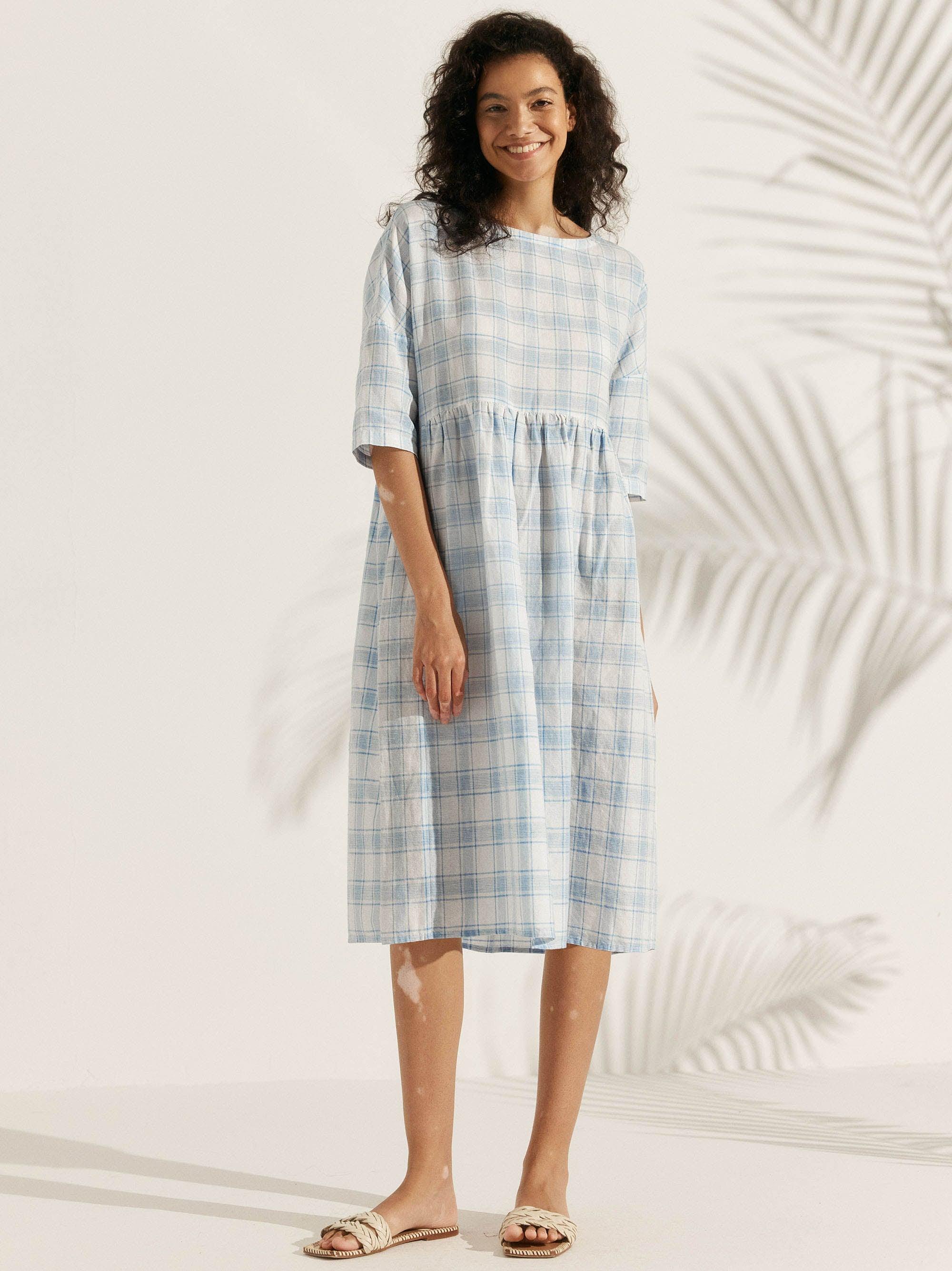 Linen Checked A-Line Midi Dress - Ice Blue Check / S - DRESSES-Linen