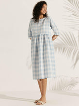 Linen Checked A-Line Midi Dress - DRESSES-Linen