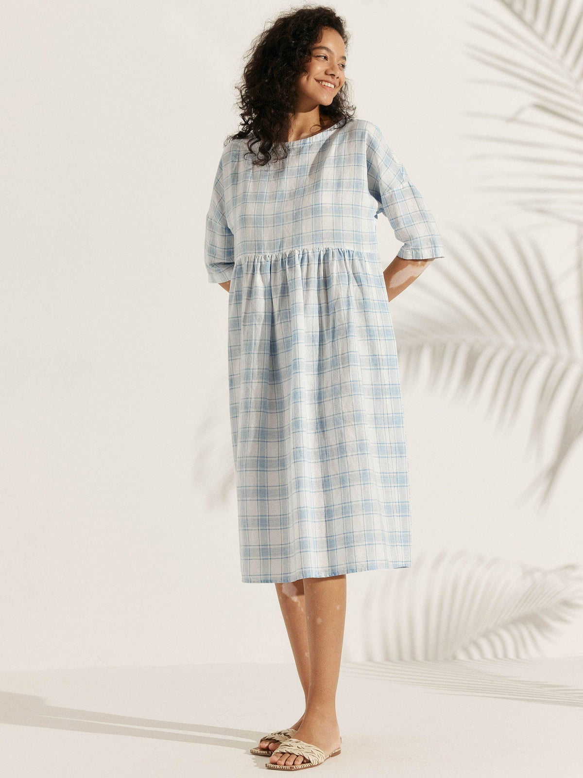 Linen Checked A-Line Midi Dress - DRESSES-Linen