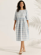 Linen Checked A-Line Midi Dress - DRESSES-Linen