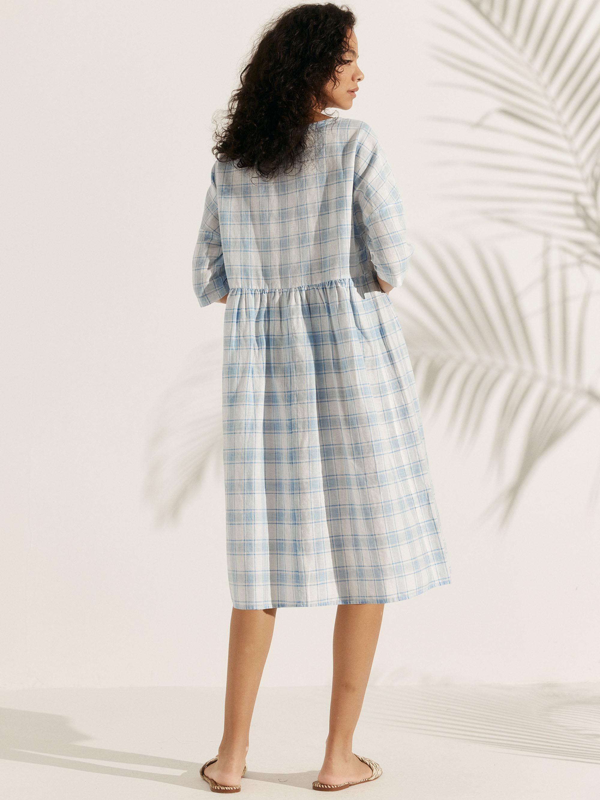 Linen Checked A-Line Midi Dress - DRESSES-Linen