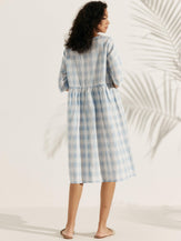 Linen Checked A-Line Midi Dress - DRESSES-Linen