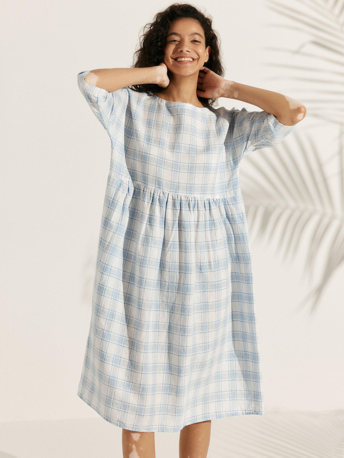 Linen Checked A-Line Midi Dress - DRESSES-Linen