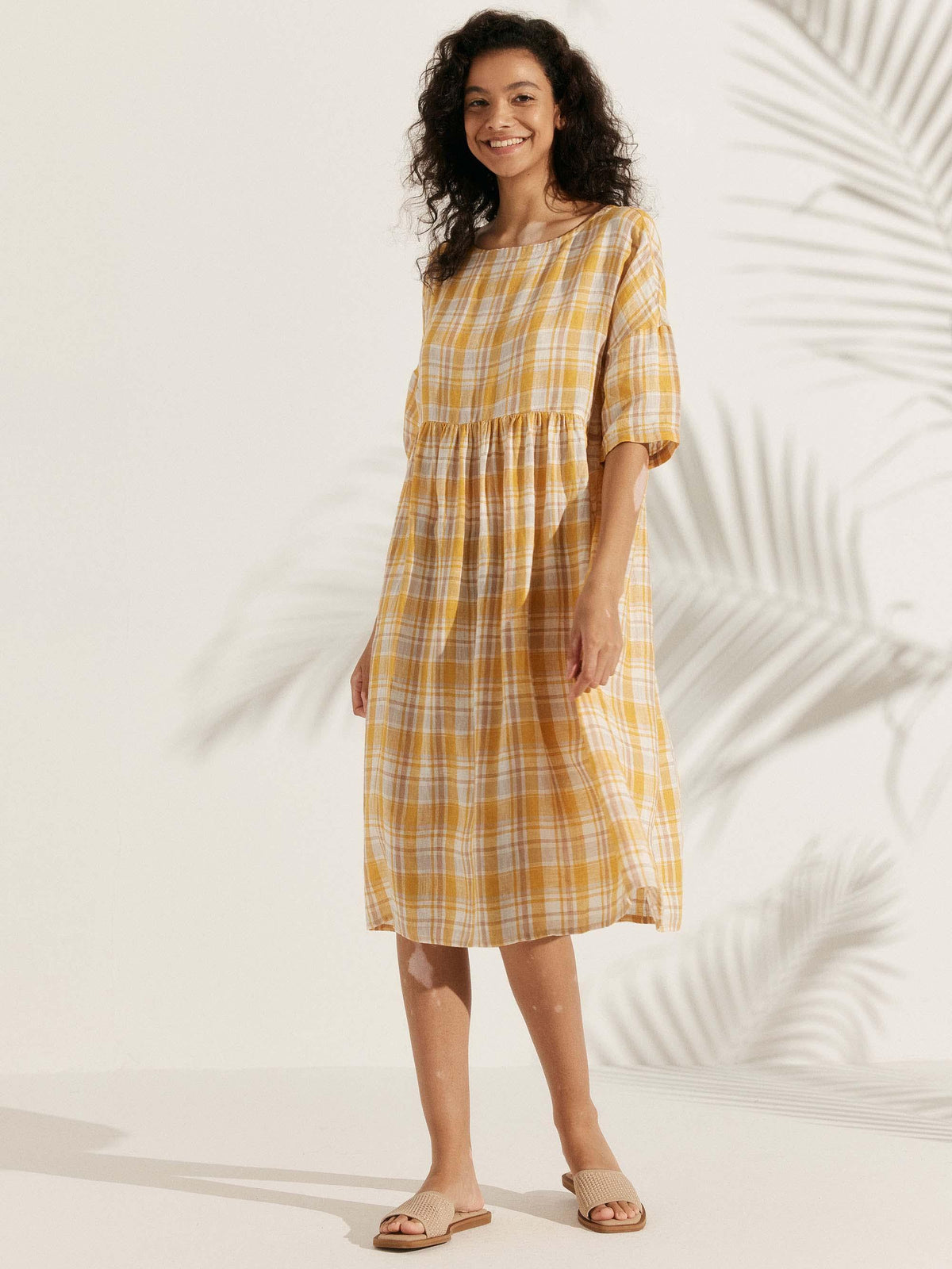 100% Linen Gingham Checked A-Line Washed Midi Dress - DRESSES-Linen