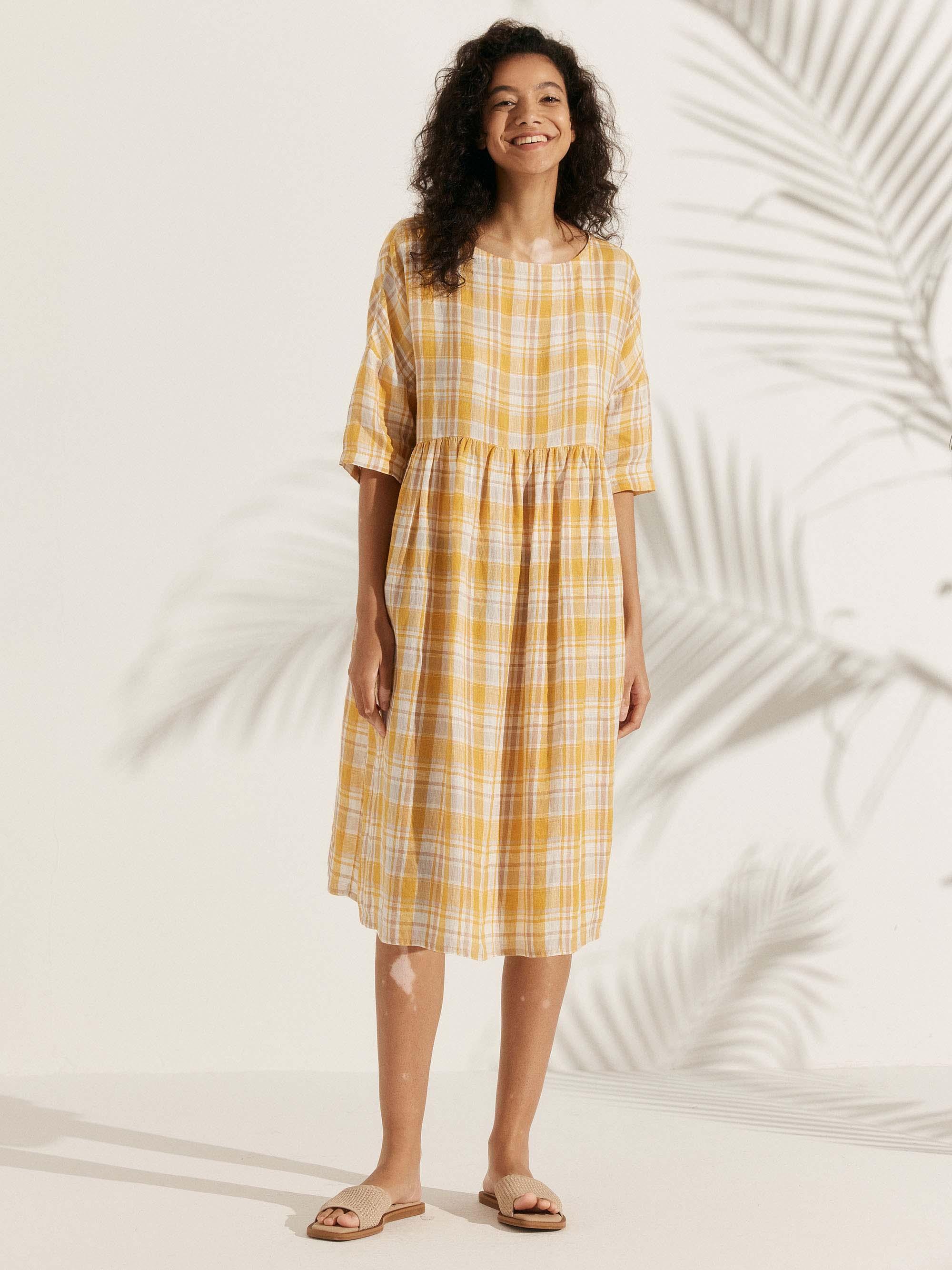 100% Linen Gingham Checked A-Line Washed Midi Dress - Honey Check / S - DRESSES-Linen