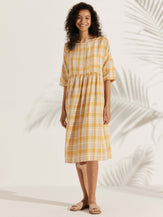100% Linen Gingham Checked A-Line Washed Midi Dress - DRESSES-Linen