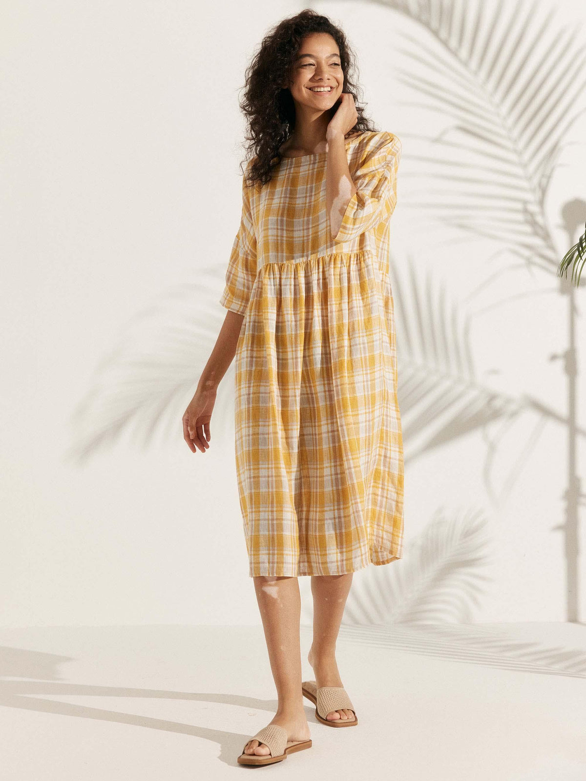 100% Linen Gingham Checked A-Line Washed Midi Dress - DRESSES-Linen