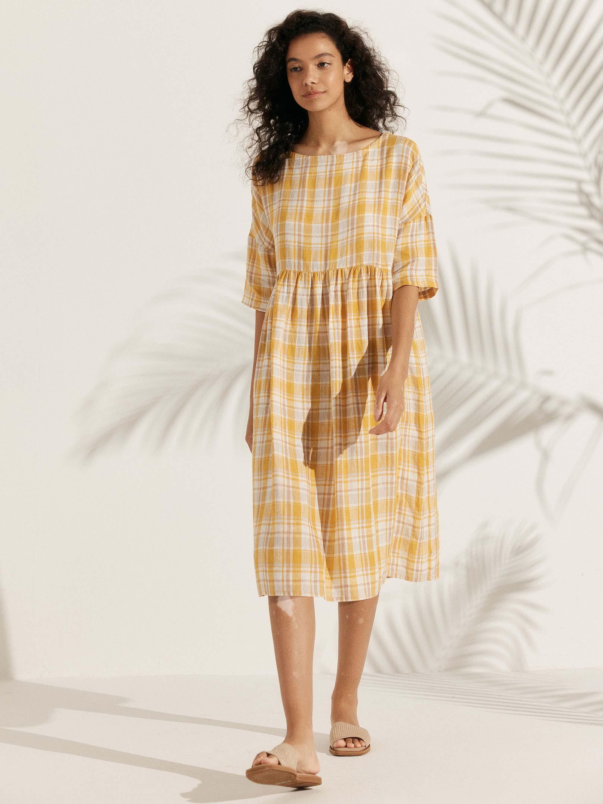 100% Linen Gingham Checked A-Line Washed Midi Dress - DRESSES-Linen