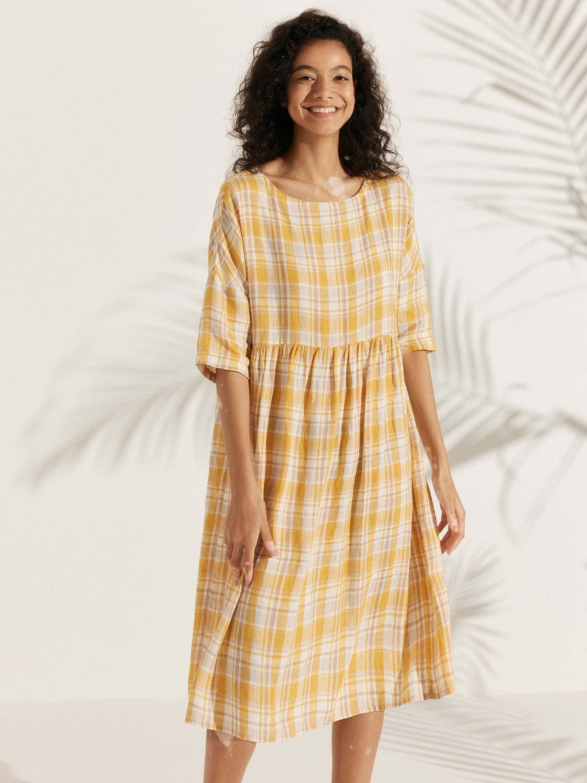 100% Linen Gingham Checked A-Line Washed Midi Dress - DRESSES-Linen