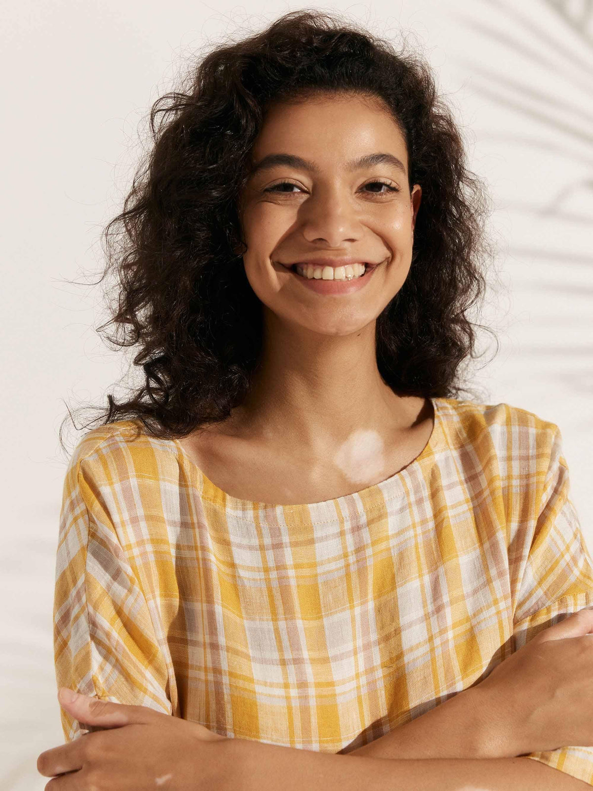 100% Linen Gingham Checked A-Line Washed Midi Dress - DRESSES-Linen