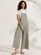 Linen Gingham Wide Legs Spaghetti Jumpsuits - Teal Check / S - sets & jumpsuits
