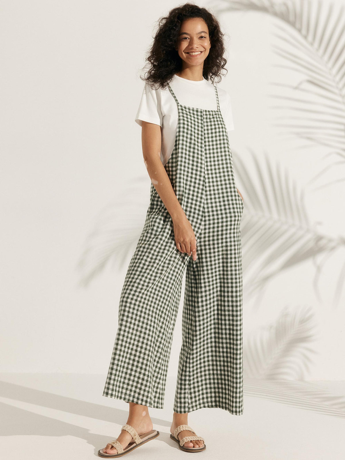 Linen Gingham Wide Legs Spaghetti Jumpsuits - Teal Check / S - sets & jumpsuits