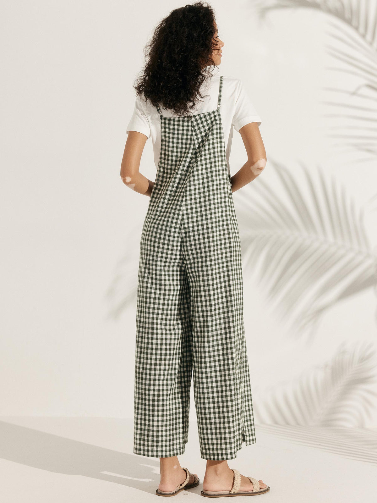 Linen Gingham Wide Legs Spaghetti Jumpsuits - sets & jumpsuits