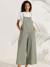 Linen Gingham Wide Legs Spaghetti Jumpsuits - sets & jumpsuits