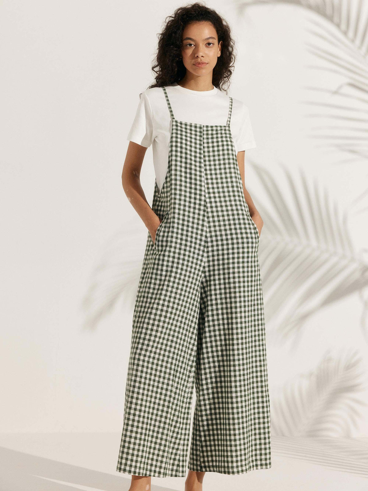 Linen Gingham Wide Legs Spaghetti Jumpsuits - sets & jumpsuits