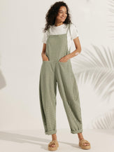 Linen Checked Square Neck Jumpsuit - BOTTOMS-Linen Pants