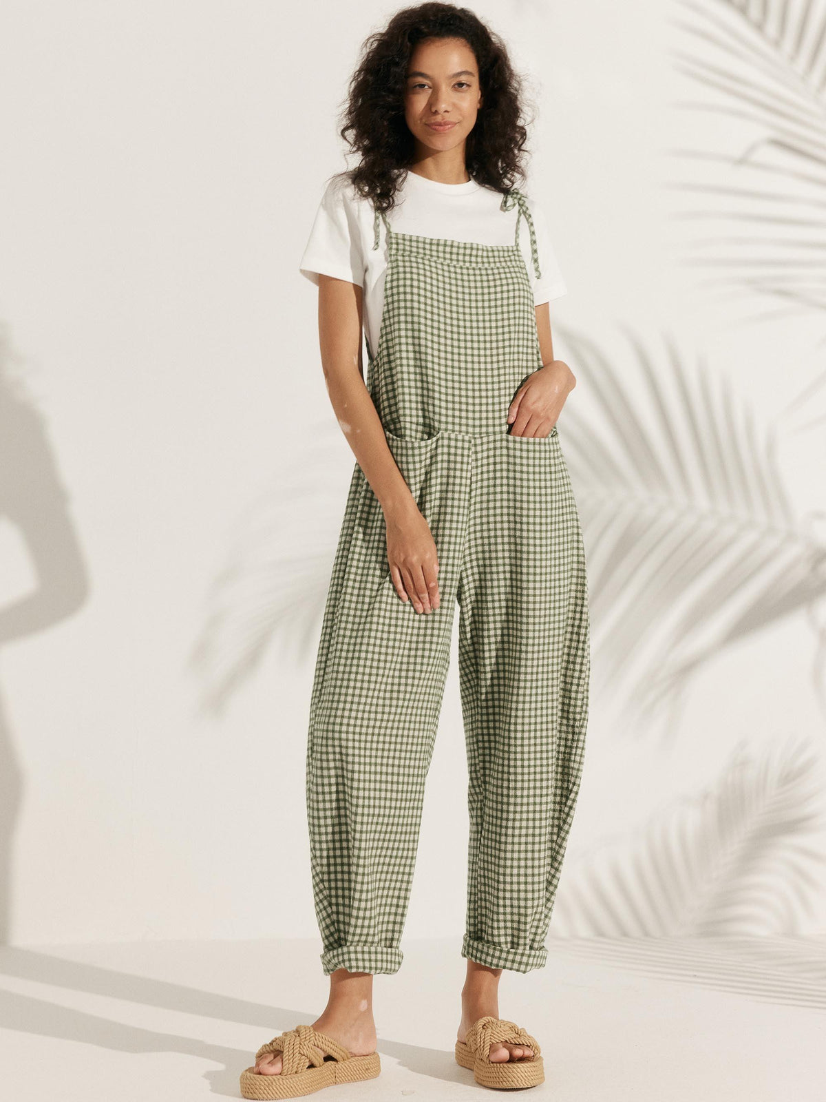 Linen Checked Square Neck Jumpsuit - Noir Check / S - BOTTOMS-Linen Pants