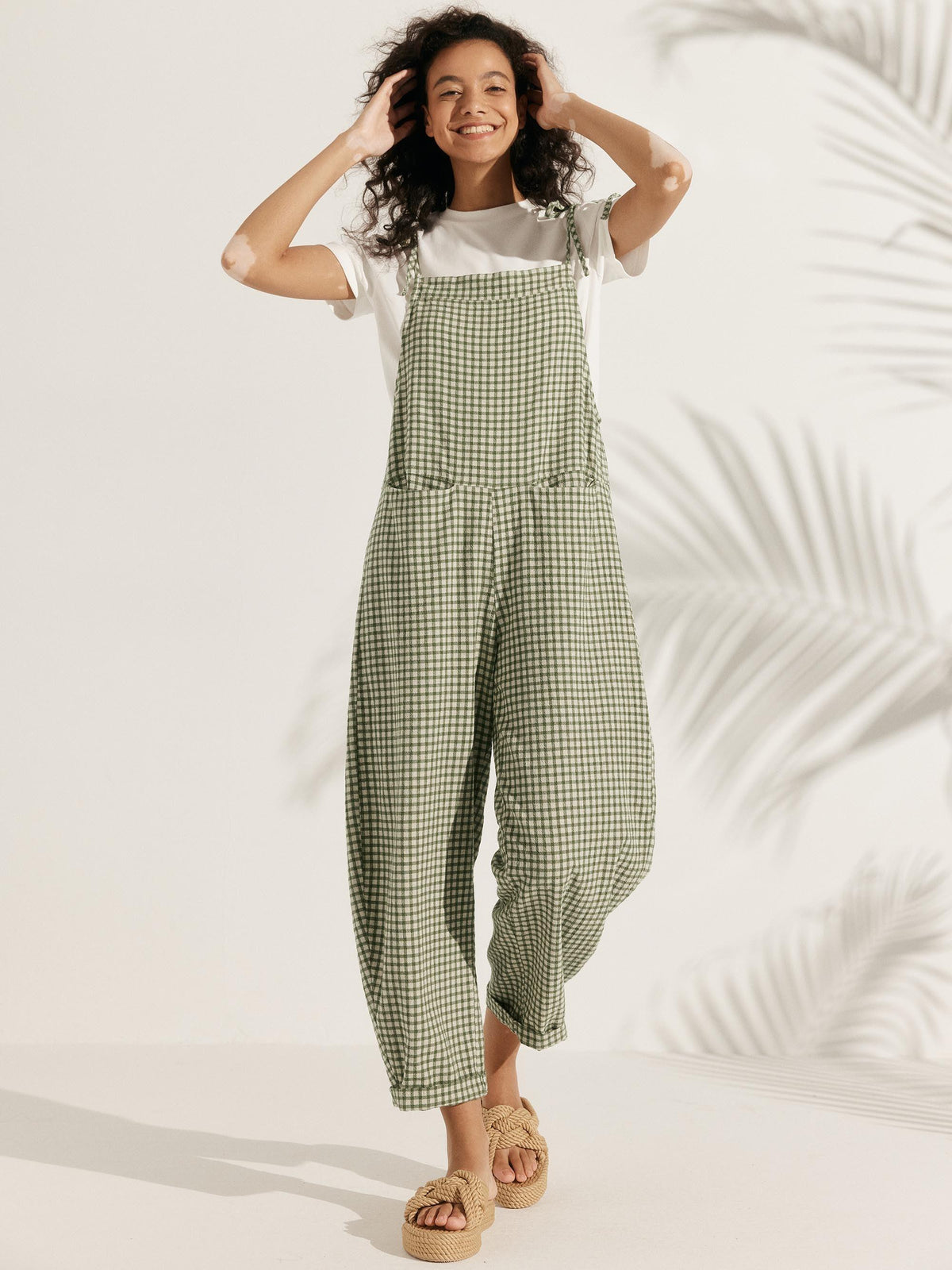 Linen Checked Square Neck Jumpsuit - BOTTOMS-Linen Pants
