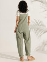 Linen Checked Square Neck Jumpsuit - BOTTOMS-Linen Pants