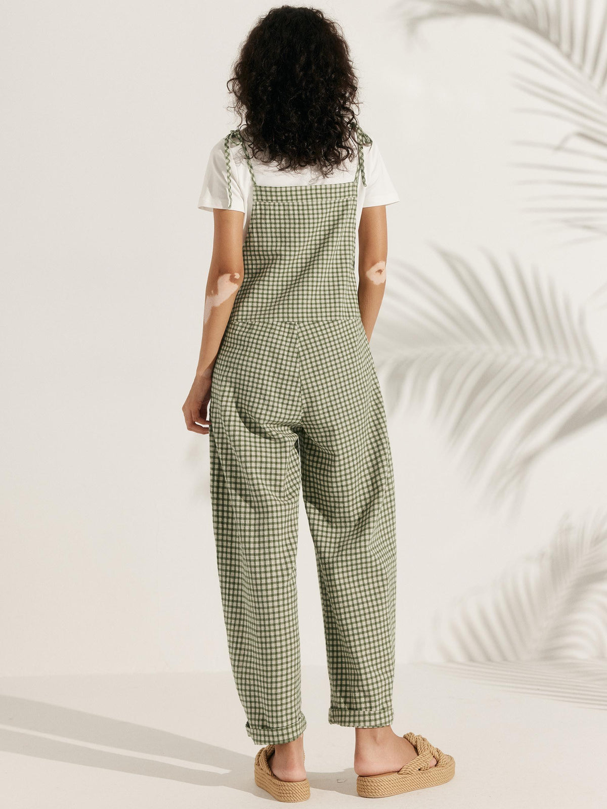 Linen Checked Square Neck Jumpsuit - BOTTOMS-Linen Pants