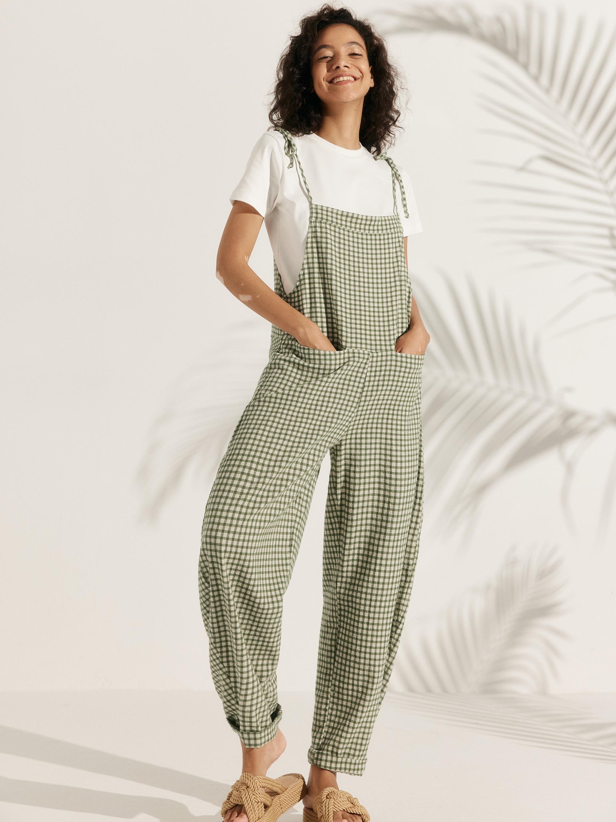 Linen Checked Square Neck Jumpsuit - BOTTOMS-Linen Pants