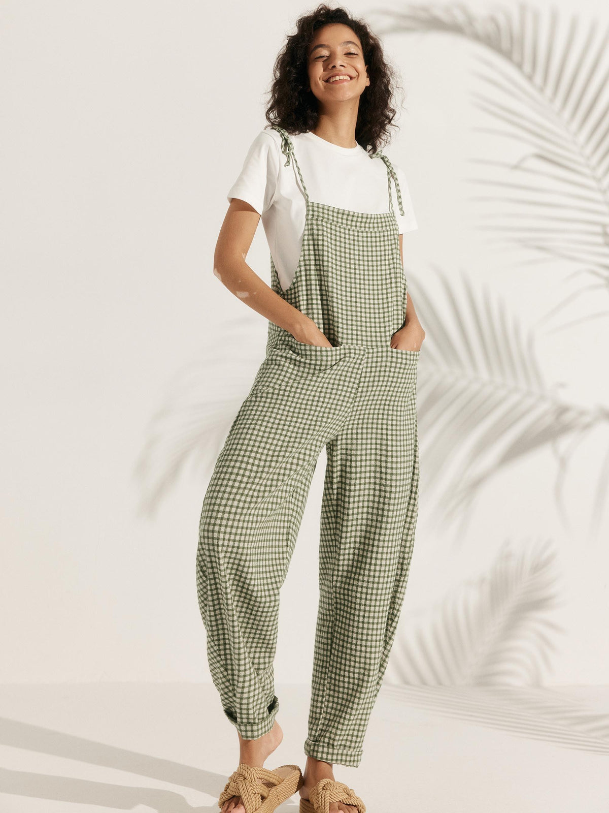 Linen Checked Square Neck Jumpsuit - BOTTOMS-Linen Pants